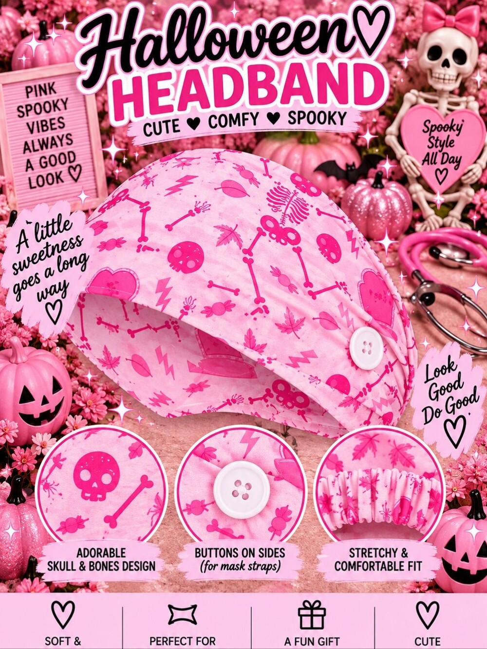 Halloween Pink Skull & Bones Headband with Buttons - Cute Comfy Spooky!!